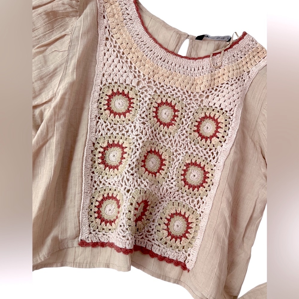 Zara Boho Bohemian Crochet Detail Top Tan Beige linen blend L - Picture 6 of 14